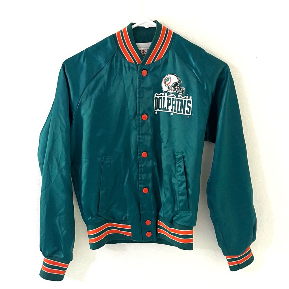 Vintage 80’s Locker Line Miami Dolphins Satin Bomber Jacket, Size:14/16